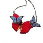 Red Butterfly Necklace, Blue Butterfly, Wooden..