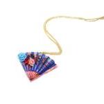 Wooden Fan Necklace - Feminine - Floral - Blue And..