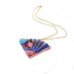 Wooden Fan Necklace - Feminine - Floral - Blue And..