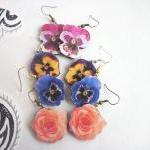 Flower Earrings, Wooden Flower Earrings, Pansy..