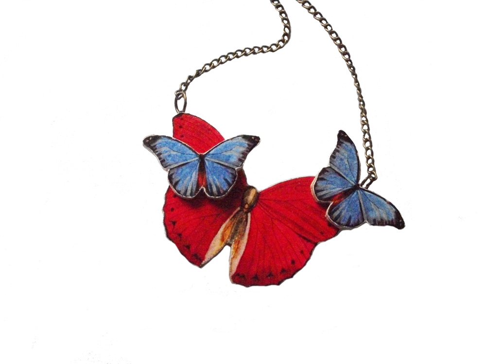 Red Butterfly Necklace, Blue Butterfly, Wooden Necklace, Statement Butterfly