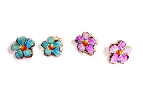 Tiny Wooden Flower Stud Earrings, Post Earrings, Pink Flower Earrings, Flower Stud Earrings, Blue Flower Earrings