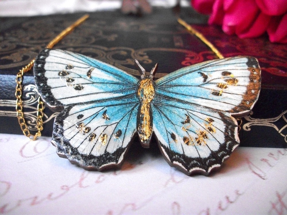 Butterfly Necklace, Wooden Butterfly Necklace, Pendant, Blue Butterfly, Romantic, Whimsical Necklace