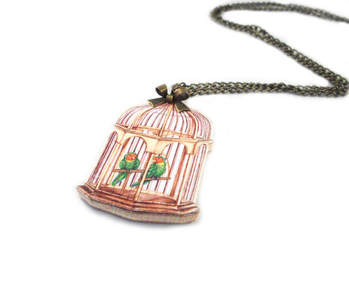 Bird Cage Wooden Necklace - Love Birds - Bird Necklace - Handmade