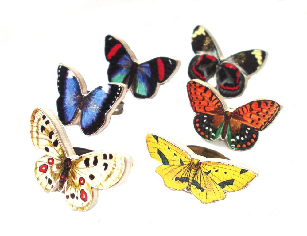 Wooden Butterfly Rings - Gossimarwings - Handmade - Summer Time In Orange And Yellow