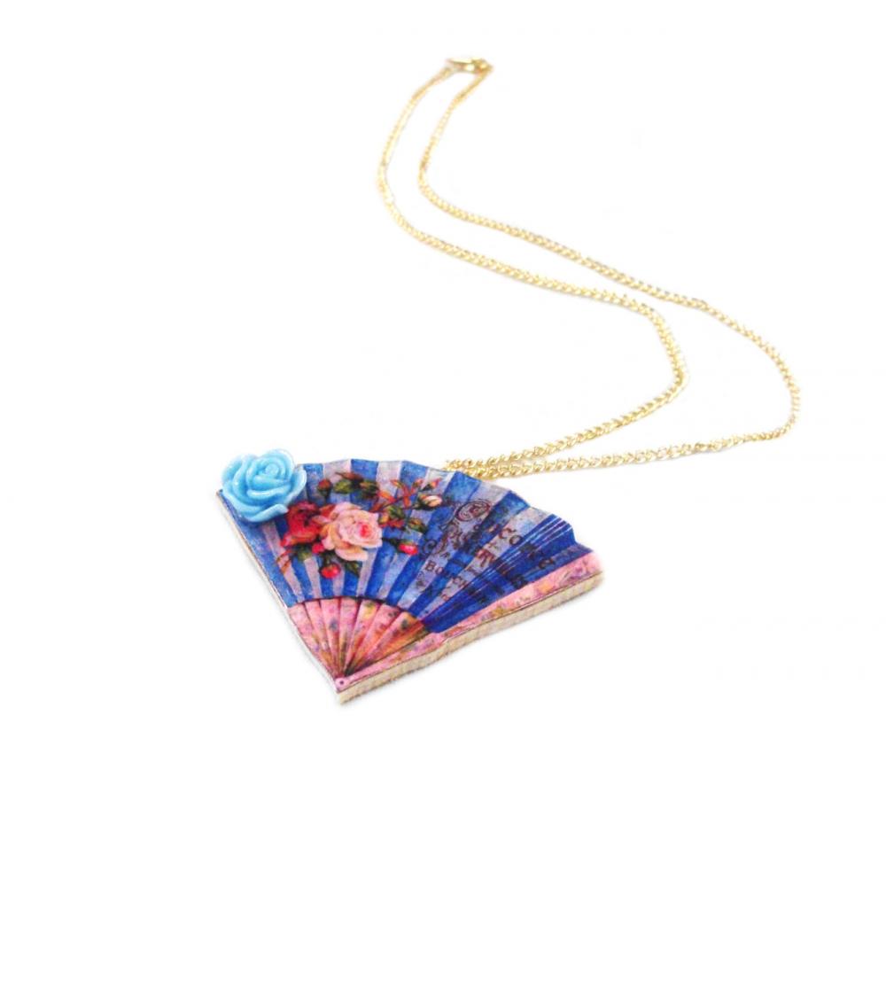 Wooden Fan Necklace - Feminine - Floral - Blue And Pink