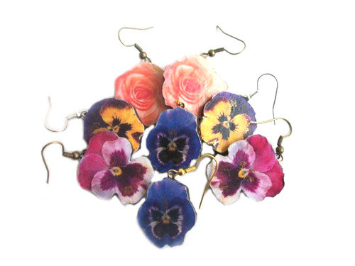 Flower Earrings, Wooden Flower Earrings, Pansy Earrings, Rose Earrings, Dangle