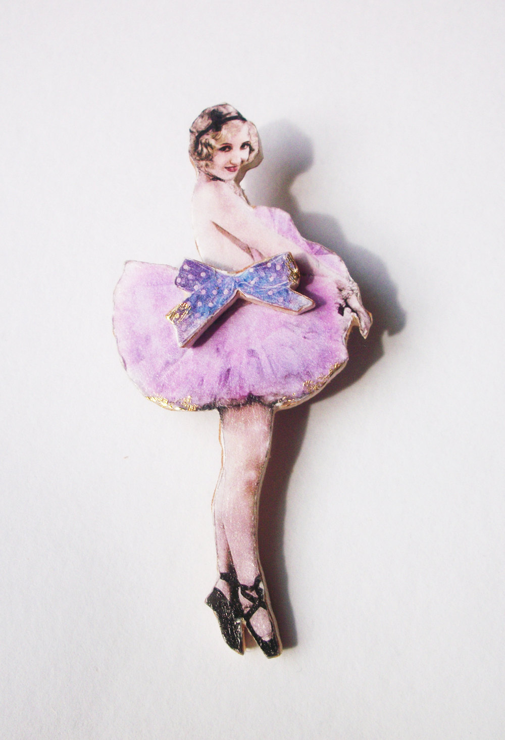 Pink Ballet Dancer Wooden Brooch
