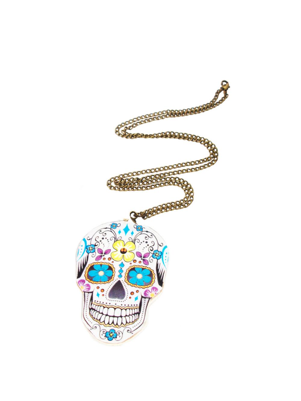 Day Of The Dead Necklace, Wooden Necklace, Skull Necklace, Colourful Skull, Sugar Skull