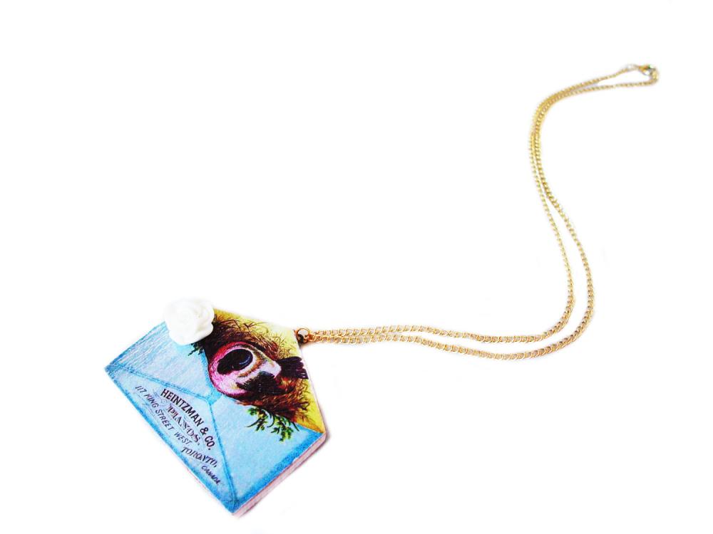 Envelope Necklace, Wooden Envelope Necklace, Bird Necklace, Bird Nest Necklace, Flower Necklace